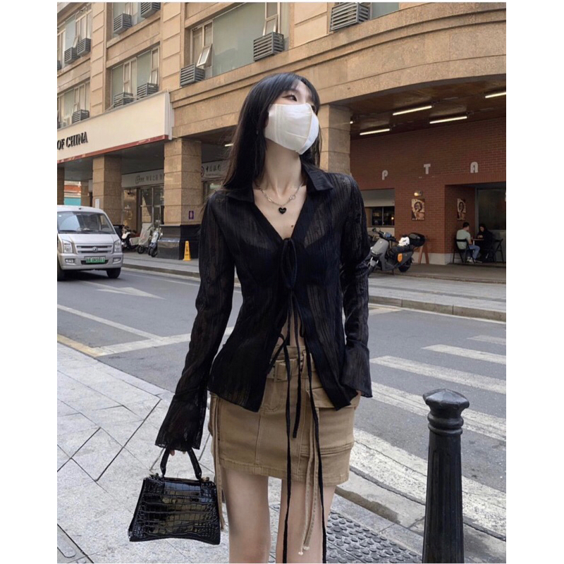 SET 4 MÓN Áo Sơ Mi Nữ Tay Dài BRA HAI DÂY CHÂN VÁY KAKI NÂU KÈM BELT