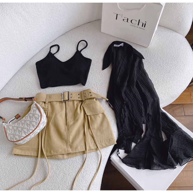 SET 4 MÓN Áo Sơ Mi Nữ Tay Dài BRA HAI DÂY CHÂN VÁY KAKI NÂU KÈM BELT