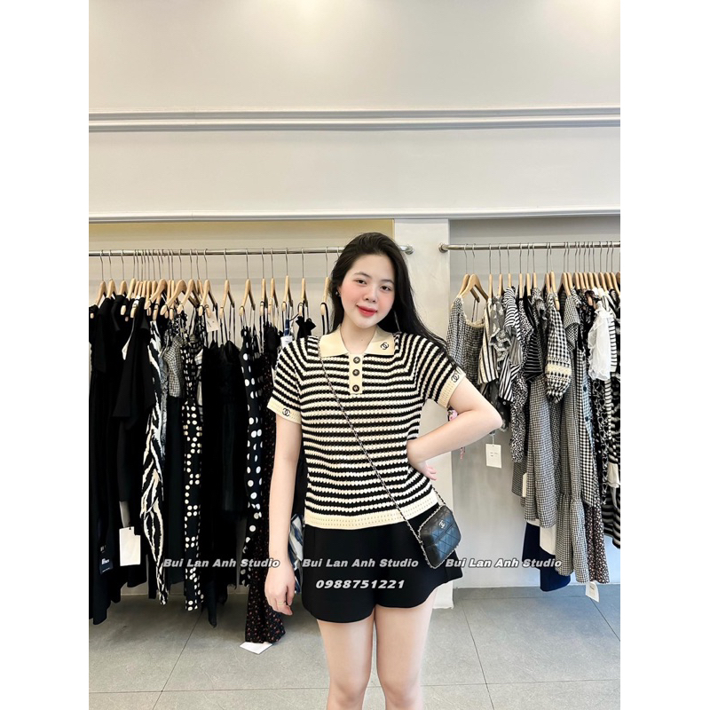 Áo len mông tơ ghi kẻ cổ bẻ