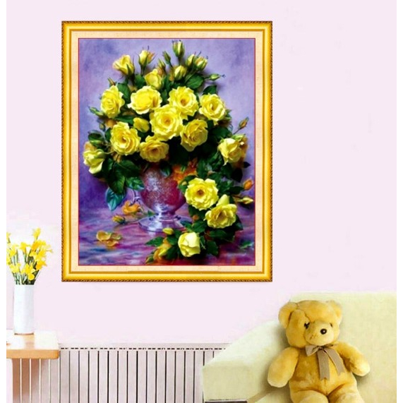 tranh thêu chữ thập bình hoa hồng ( thêu kín) AA2084 ( 75x55) cm - tranh chưa thêu lv3212 (43x51)