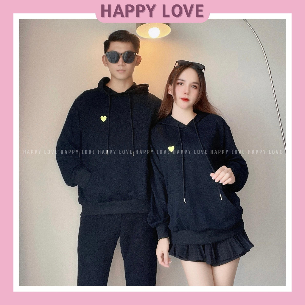 Áo hoodie đôi nam nữ couple mùa đông có mũ có túi màu đen thêu trái tim vàng thời trang cặp đôi HAPPYLOVE H035