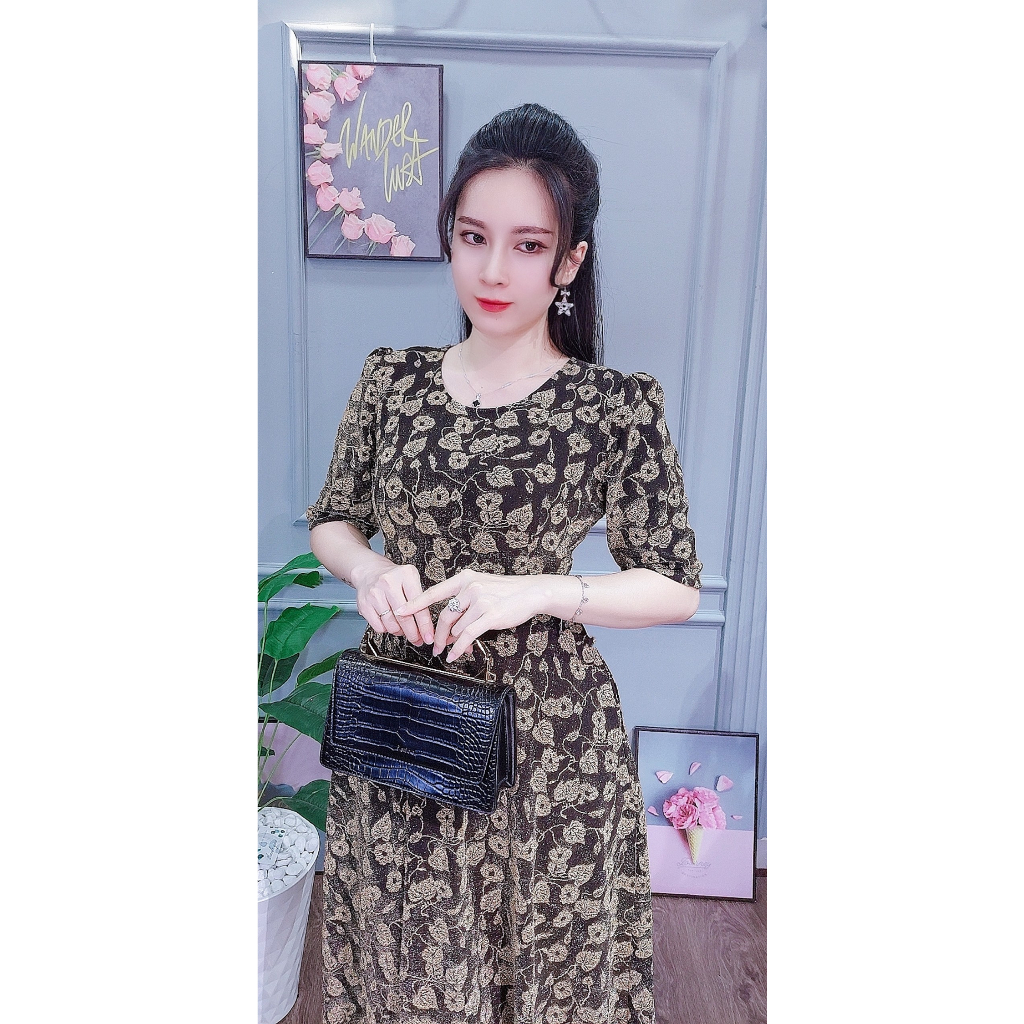 Đầm hoa Da1604. Kiểu dáng: váy xòe tay lở cổ tròn. 1 lớp 2 túi Chất liệu: vải dệt ánh kim co giãn mềm mại