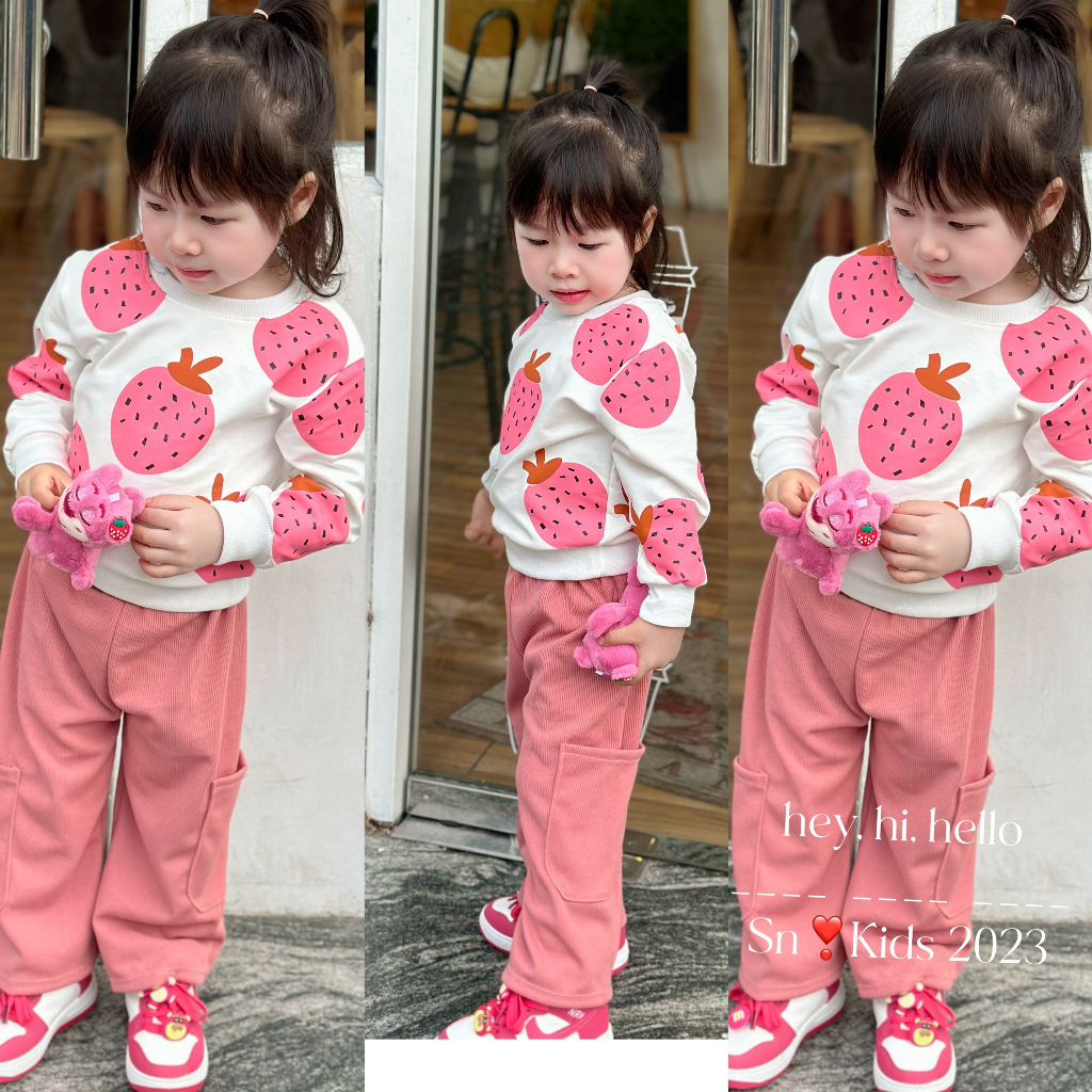 Bộ bé gái thu đông, set bộ dài tay áo da cá dâu tây quần tăm ống rộng cho bé 10-30kg