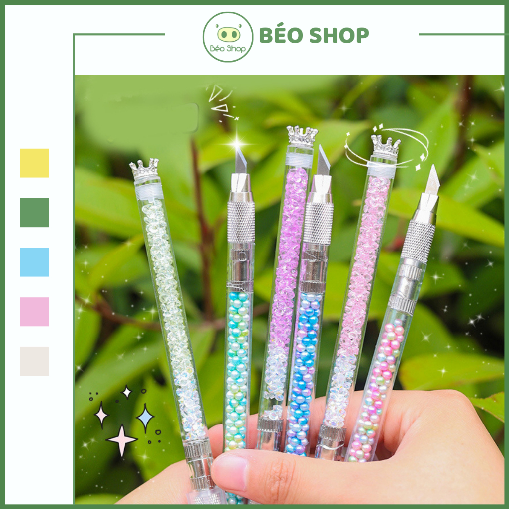 Bút dao trổ rọc giấy Pkbeoshop dao rọc giấy dạng bút dùng unbox đầu kim loại vỏ nhựa kim tuyến vương miện siêu xinh