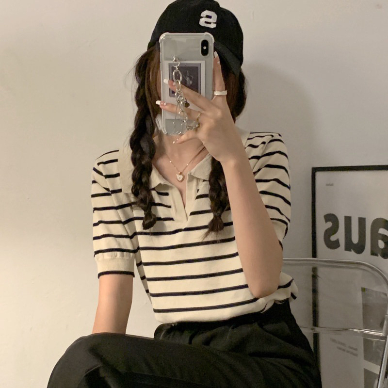 ÁoPolo  - ngắn tay họa tiết kẻ sọc phong cách Hàn Quốc thời trang mùa hè cho nữ
