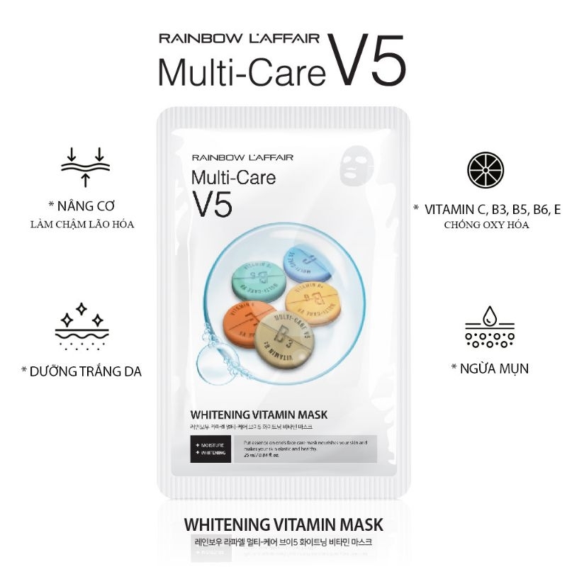 Mặt nạ dưỡng trắng, cấp ẩm, săn chắc da Rainbow L'affair V5 Vitamin - 3step mask 25ml