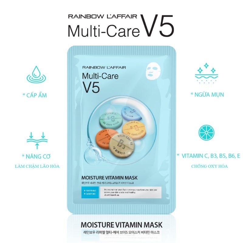 Mặt nạ dưỡng trắng, cấp ẩm, săn chắc da Rainbow L'affair V5 Vitamin - 3step mask 25ml