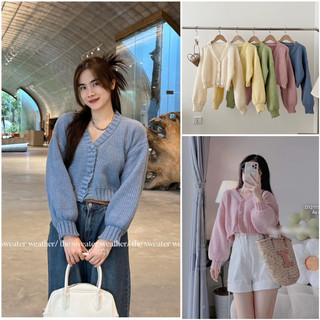 Áo khoác len cardigan dáng ngắn dài tay cúc bọc