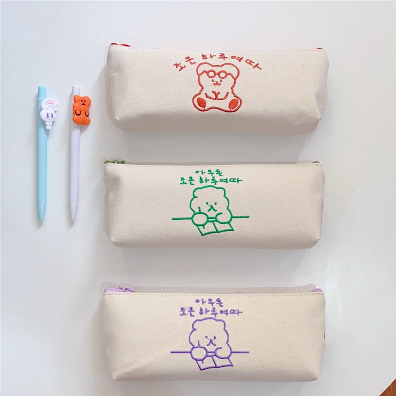 Túi Đựng Bút Vải Canvas Thêu Hình Chú Gấu Học Bài Cute Xinh Xắn Giá Rẻ Hộp Bóp Viết Mỹ Phẩm Peach home 1k