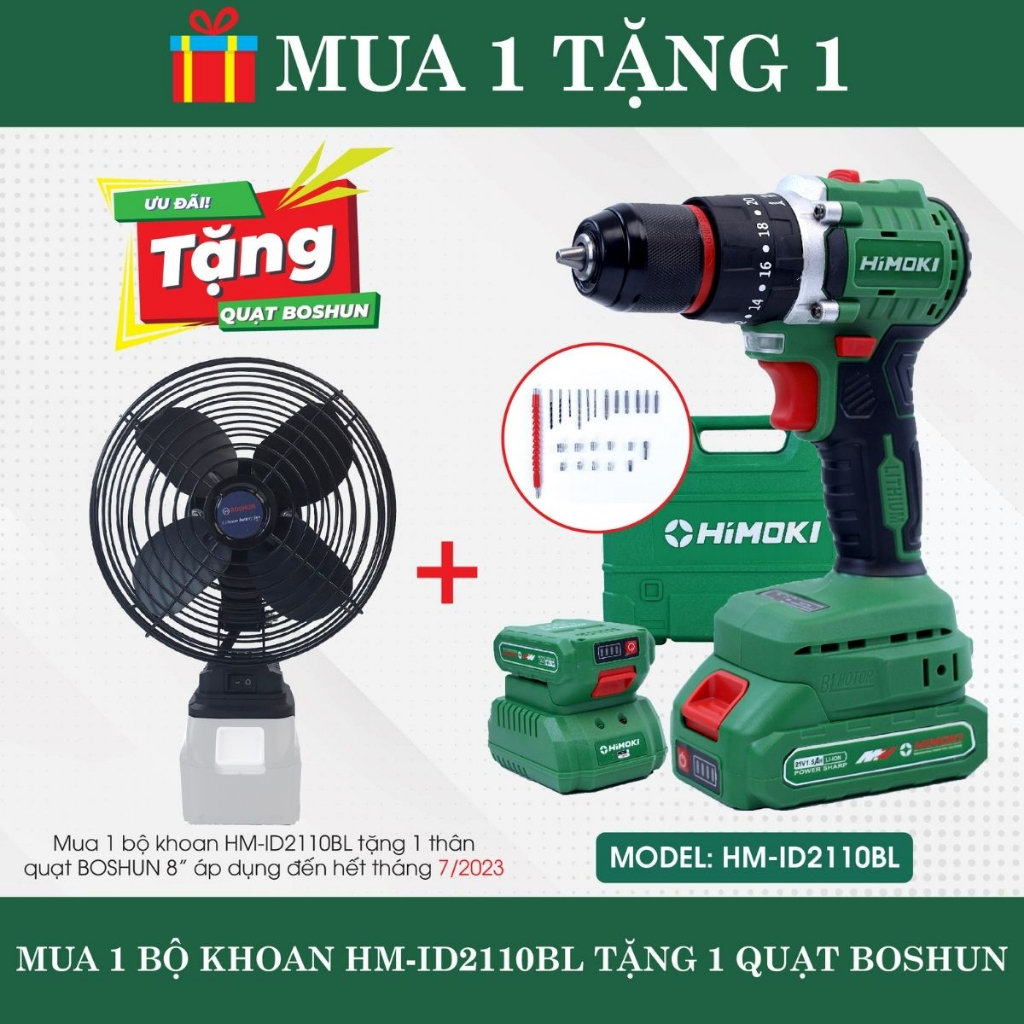 Máy khoan pin HIMOKI 21V HM-ID2110BL động cơ KHÔNG CHỔI THAN - Khoan pin Himoki tặng kèm bộ phụ kiện 24 chi tiết
