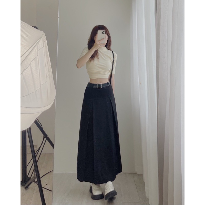 Chân Váy Dáng Dài Xếp Ly Hai Màu Đen Ghi Lên From Xinh MS399