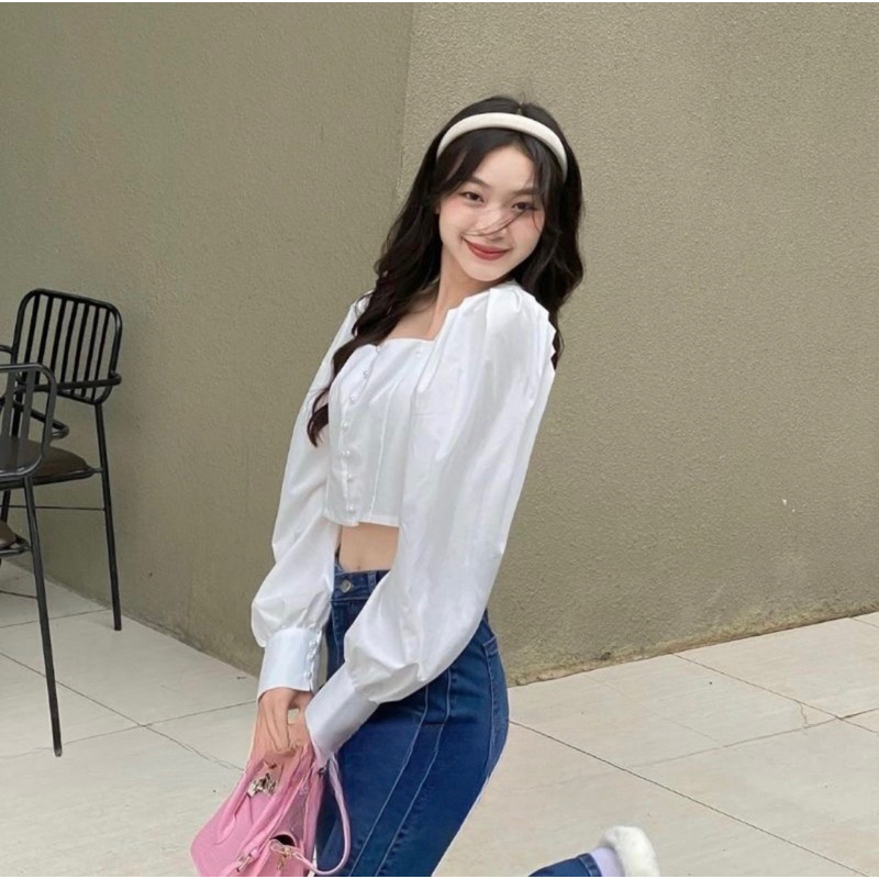 (Hỏa tốc) Áo Sơ Mi Croptop Cổ Vuông Cúp Ngực Tay Bo Chun Lưng Có Size Phong Cách Tiểu Thu Dễ Phối Đồ-dd69