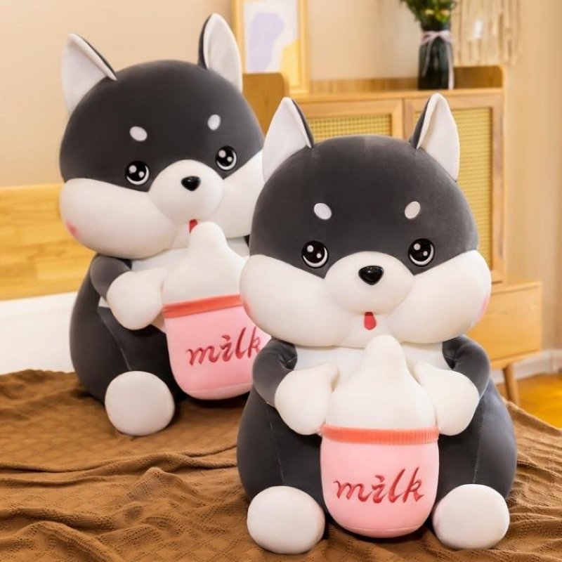 Gấu Bông Chó Husky Ôm Bình Sữa, Gấu Husky Xám Cầm Bình Sữa Siêu Cute