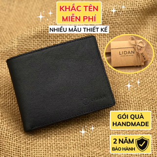 Ví nam khắc tên da bò thật Saffiano cao cấp LIDAN, bóp dáng ngang có hộp vintage kèm thiệp đẹp làm quà tặng LD7
