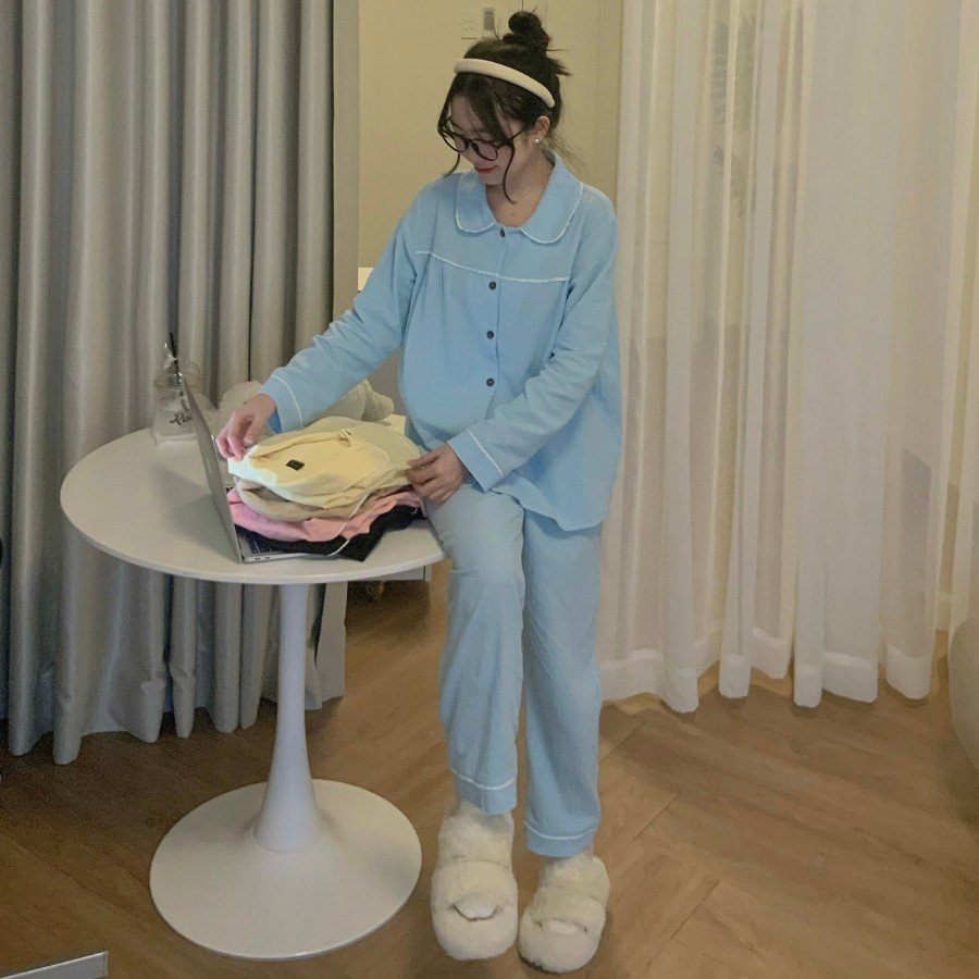 Bộ Đồ Ngủ Pijama Tiểu Thư Tay Dài Quần Dài Phối Bèo Chất  Đũi Gân Cao Cấp Có Size,Đồ Bộ Nữ Mặc Nhà Giá Rẻ