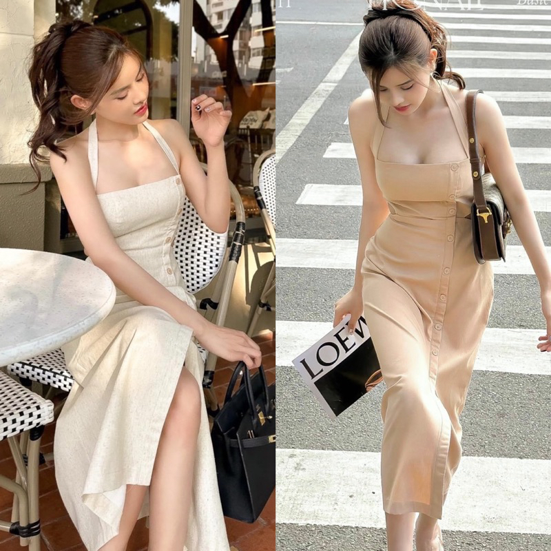 ĐẦM MIDI DÂY CỔ YẾM KHOÉT EO