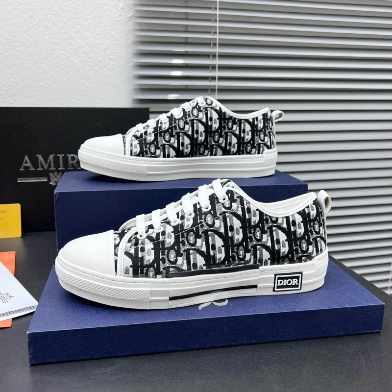 Giày thể thao sneaker nam nữ CD vải dệt vân chữ thổ cẩm monogram đen xám mũi da đế cao su tách GS55P
