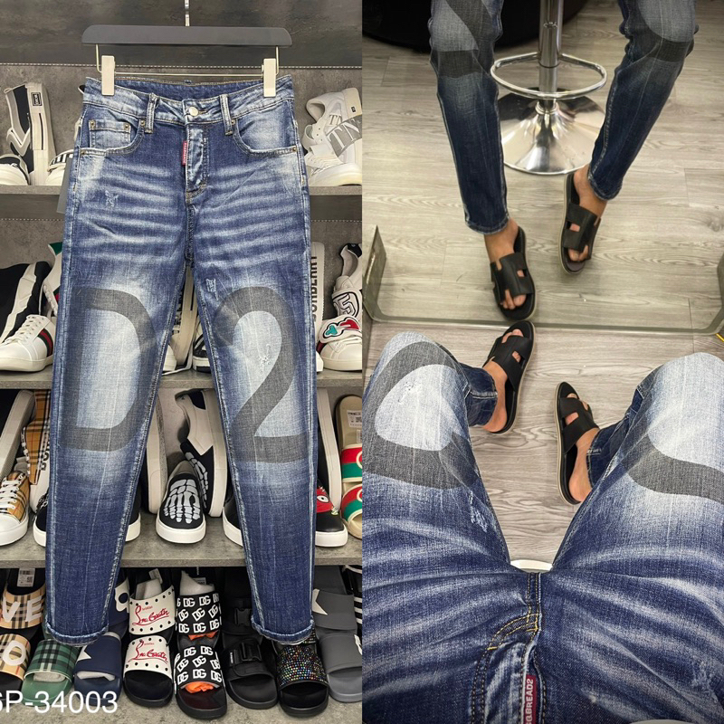 Quần Jean Nam DSQ Chữ D2 Xanh Trơn Mài Bạc Quần Bò DSQUARED D2 Xanh Sáng Chất Co Giãn Phối Loang 2023