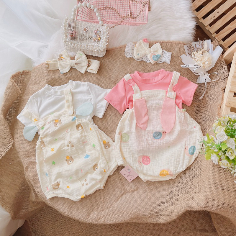 Set Body chip cho bé gái từ sơ sinh (3-11kg) chất xô muslin kèm tai thỏ