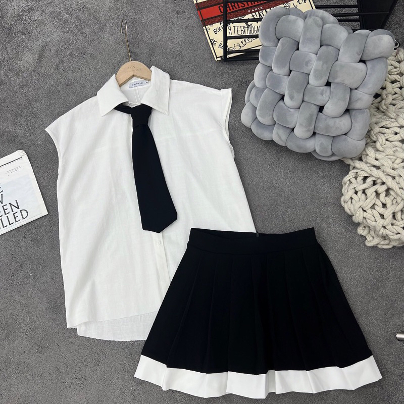 Set Áo Sơmi Tanktop Mix Chân Váy Xếp Ly Tặng Kèm cavat chuẩn Mai Phương Bùi PiggyHouse04