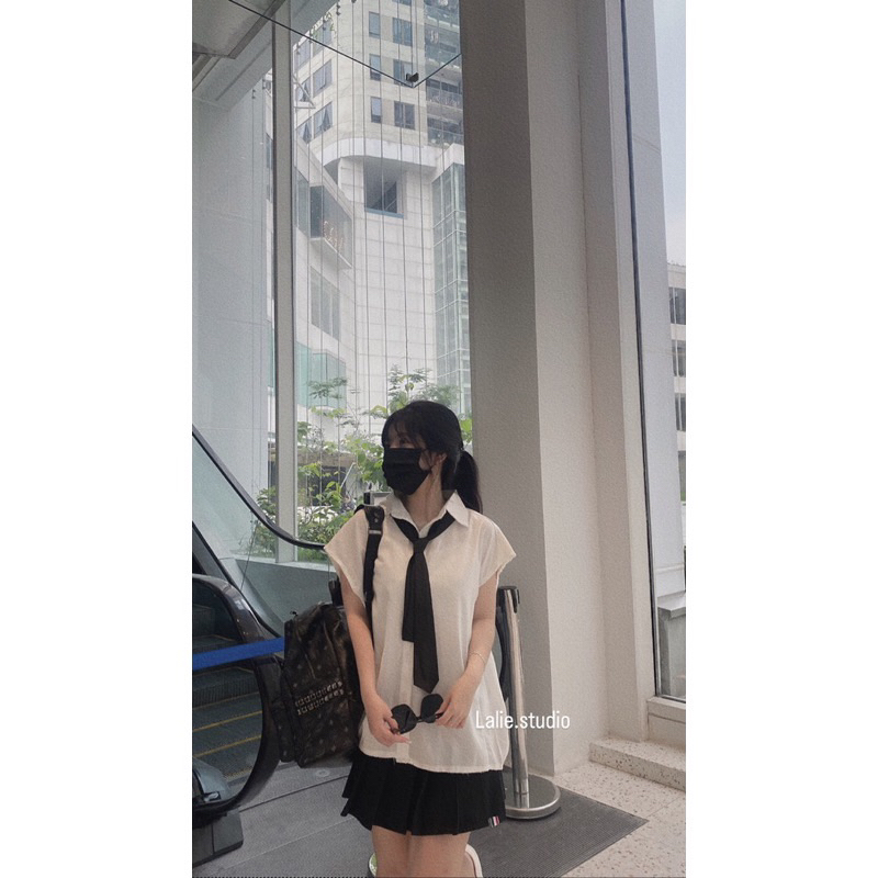 Set Áo Sơmi Tanktop Mix Chân Váy Xếp Ly Tặng Kèm cavat chuẩn Mai Phương Bùi PiggyHouse04