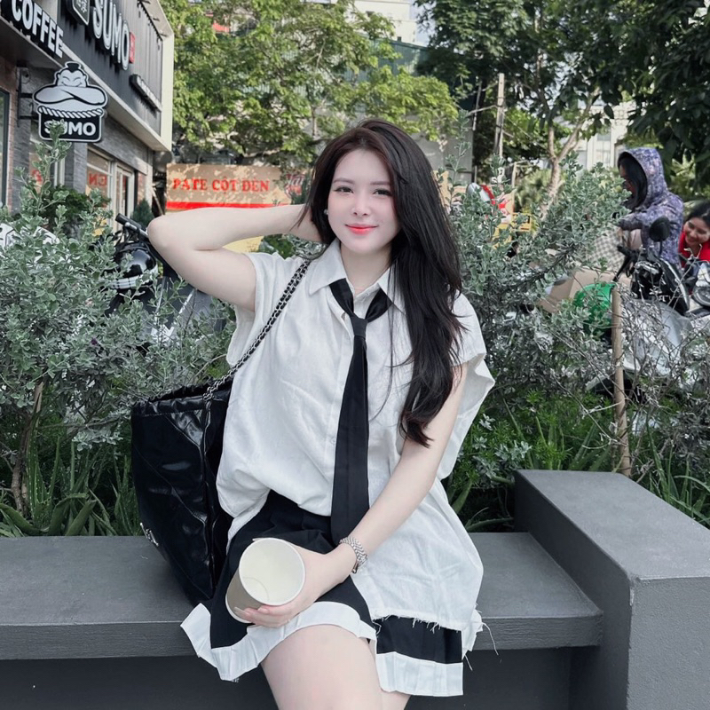 Set Áo Sơmi Tanktop Mix Chân Váy Xếp Ly Tặng Kèm cavat chuẩn Mai Phương Bùi PiggyHouse04