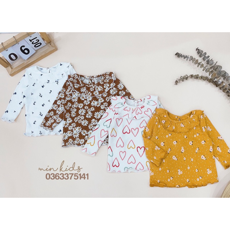 Áo dài tay thun gân cổ bèo thời trang cho bé gái 0-3T