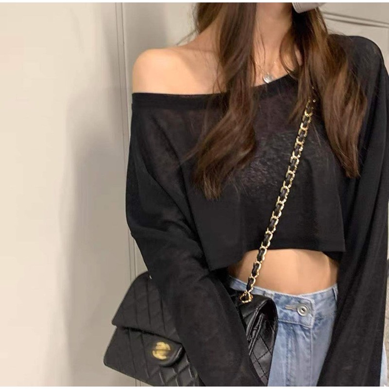 Áo Croptop thun  Lệch Vai Nữ. Áo Thun Dài Tay Phong Cách Hàn Quốc Ullzang