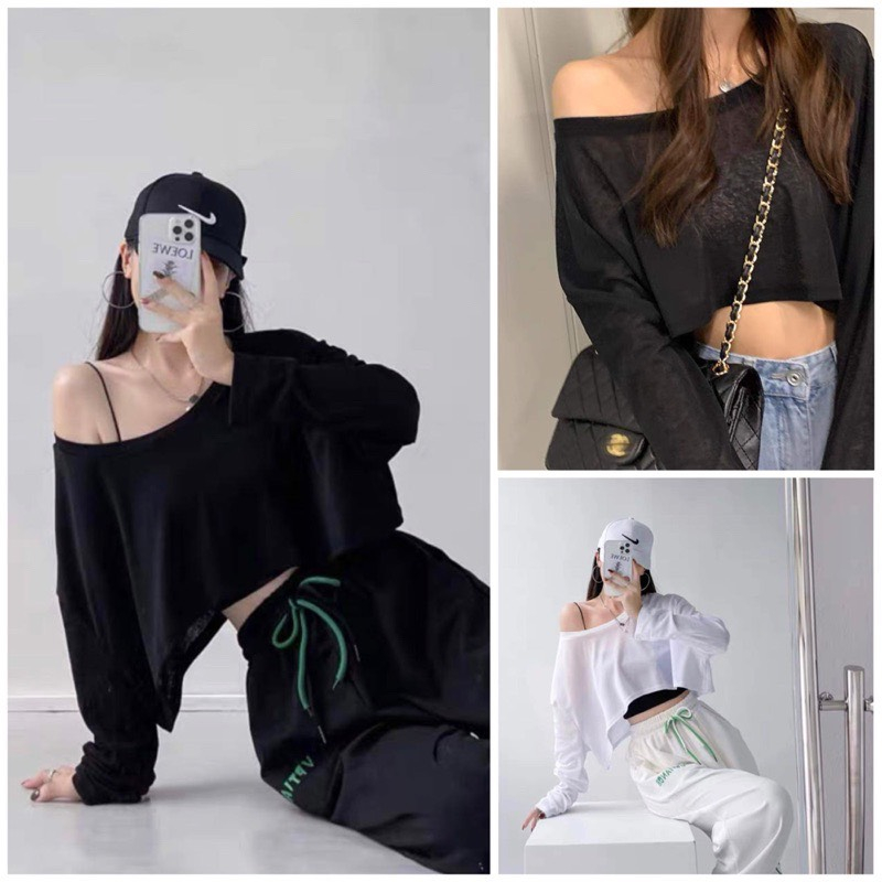 Áo Croptop thun  Lệch Vai Nữ. Áo Thun Dài Tay Phong Cách Hàn Quốc Ullzang