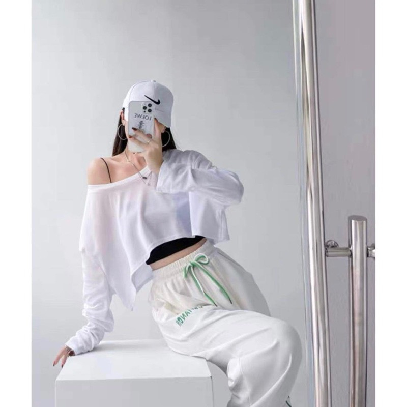 Áo Croptop thun  Lệch Vai Nữ. Áo Thun Dài Tay Phong Cách Hàn Quốc Ullzang