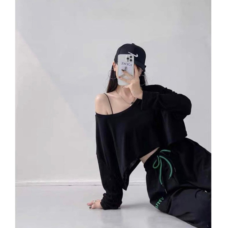 Áo Croptop thun  Lệch Vai Nữ. Áo Thun Dài Tay Phong Cách Hàn Quốc Ullzang