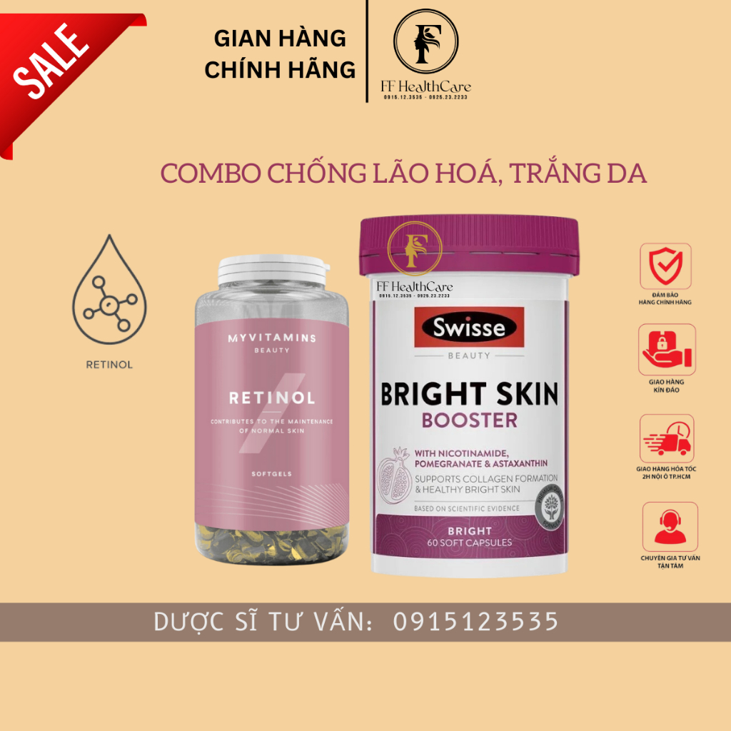 Combo viên uống collagen trắng da Bright Skin Swisse và Viên uống Retinol Myvitamins 90 viên ngừa lão hoá, đẹp da