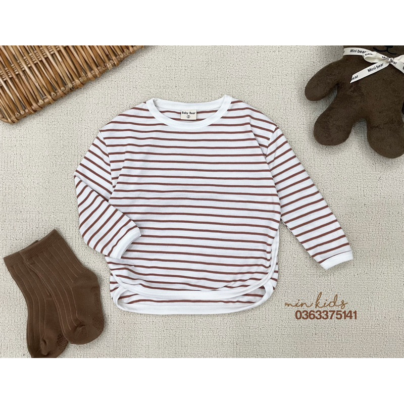 Áo thun cotton kẻ sọc dáng rộng dài tay phong cách Hàn cho bé