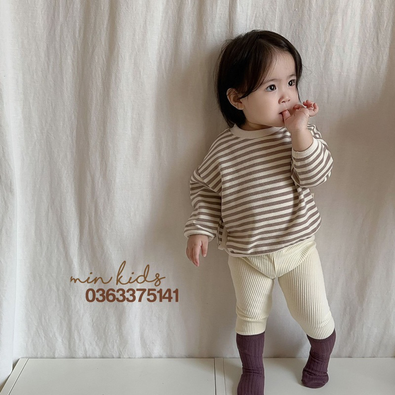 Áo thun cotton kẻ sọc dáng rộng dài tay phong cách Hàn cho bé