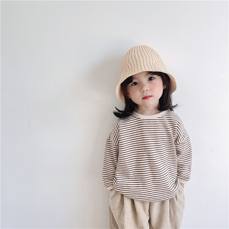 Áo thun cotton kẻ sọc dáng rộng dài tay phong cách Hàn cho bé