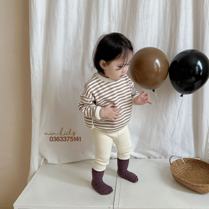 Áo thun cotton kẻ sọc dáng rộng dài tay phong cách Hàn cho bé
