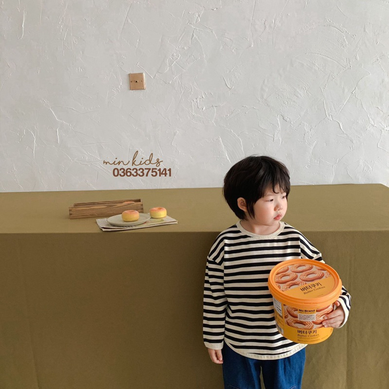 Áo thun cotton kẻ sọc dáng rộng dài tay phong cách Hàn cho bé