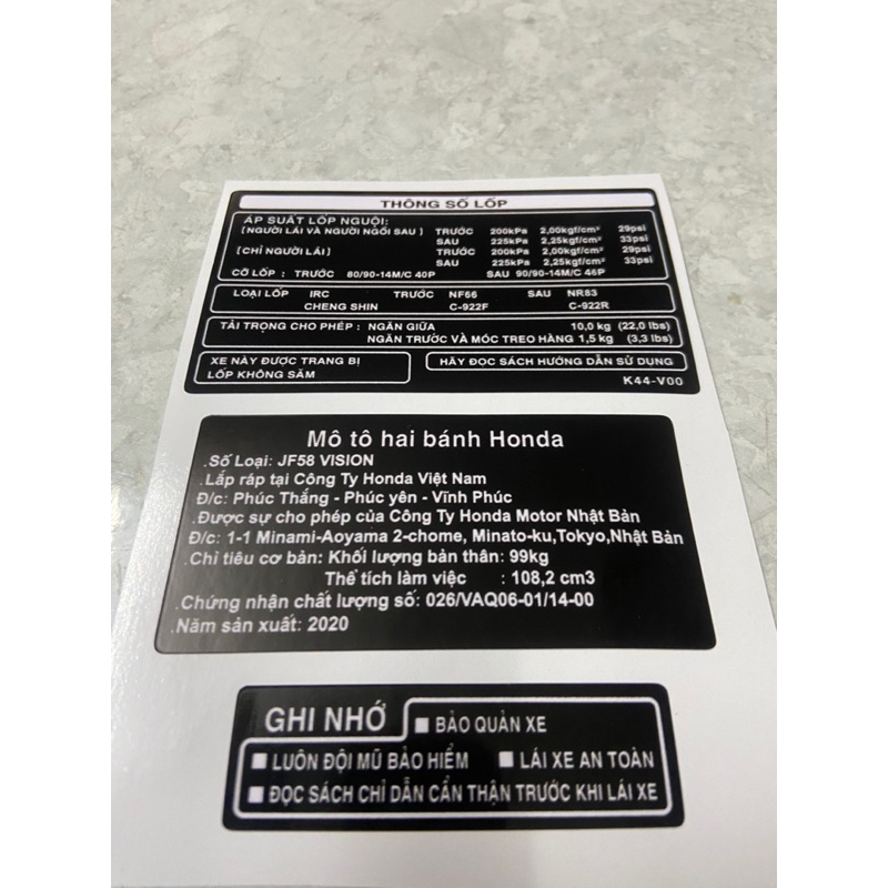 Bộ Tem Thông Số + Năm sản xuất + ghi nhớ Vision New VS  2014 2015 2016 2017 2018 2019