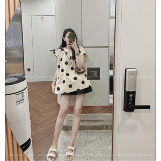 Set áo chấm bi to quần tácta đen hót hít cho bạn nữ đủ size sml mặc lên cực xinh