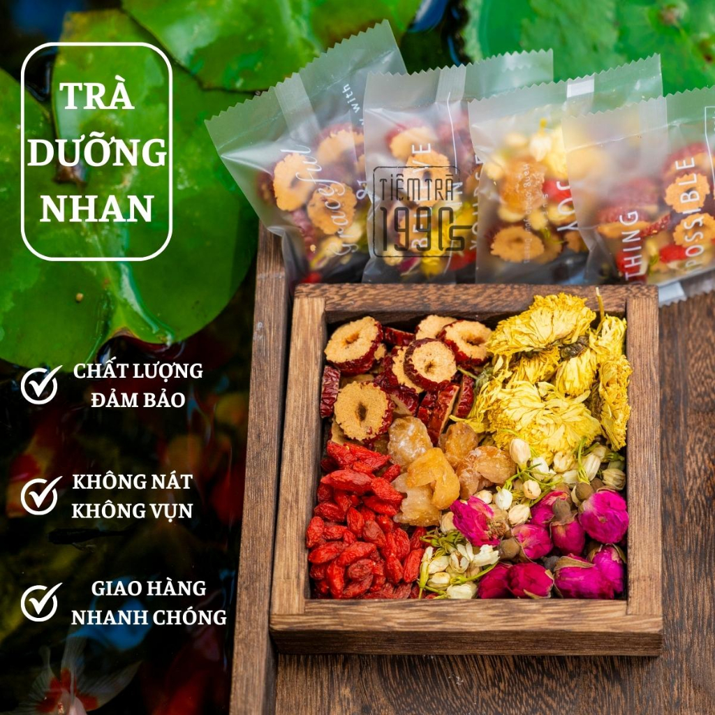Trà Dưỡng Nhan 6 Vị Trà Thảo Mộc Tiệm Trà 1990s (Hoa Cúc; Nụ Hoa Hồng; Long Nhãn; Kỷ Tử; Táo Đỏ, Cỏ ngọt, Hoa Nhài )