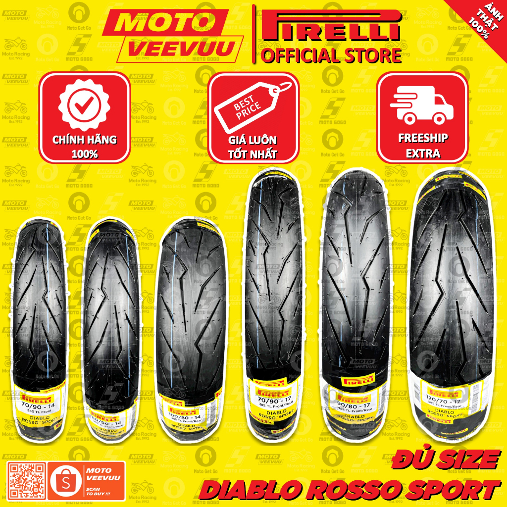 Vỏ lốp xe máy PIRELLI Diablo Rosso Sport đủ size xe ga xe số 60 70 80 90 100 110 120 130 140 150 14 17