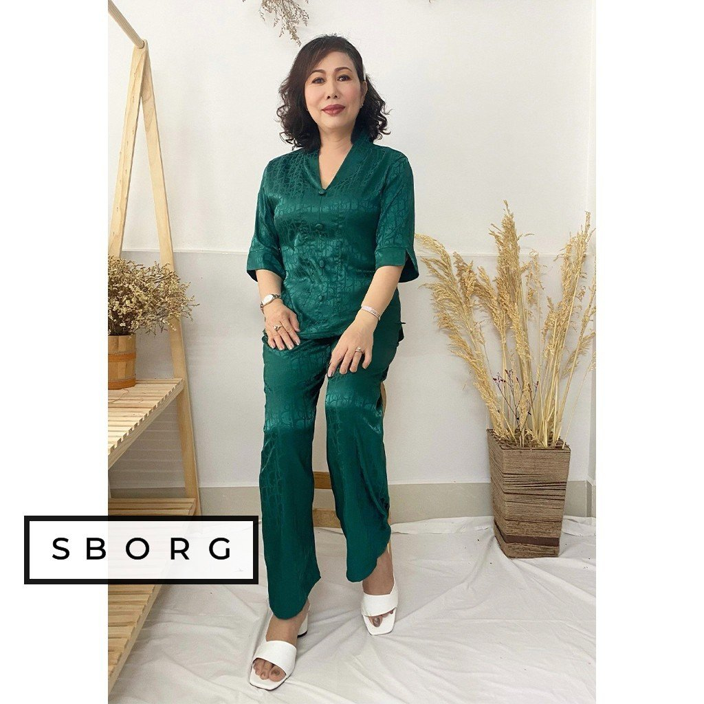 Đồ trung niên SBORG bộ pijama nữ mặc nhà gấm cổ chui tay lửng quần ống suông có túi 50-85 kg quà tặng mẹ lam đi chùa
