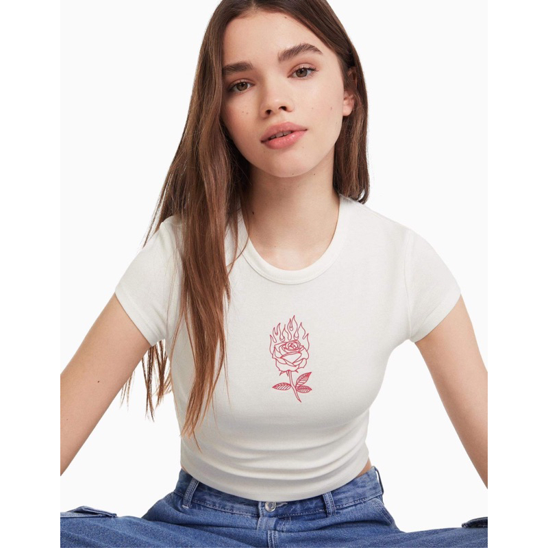 Áo croptop baby tee cổ tròn thun cotton len in bông hồng