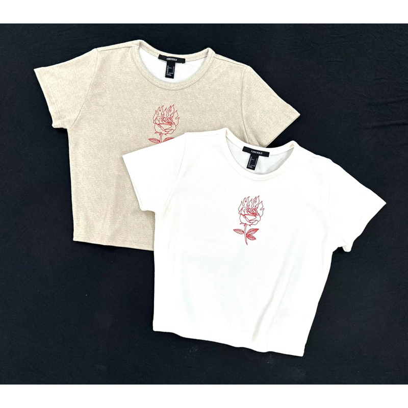 Áo croptop baby tee cổ tròn thun cotton len in bông hồng