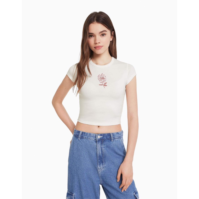 Áo croptop baby tee cổ tròn thun cotton len in bông hồng