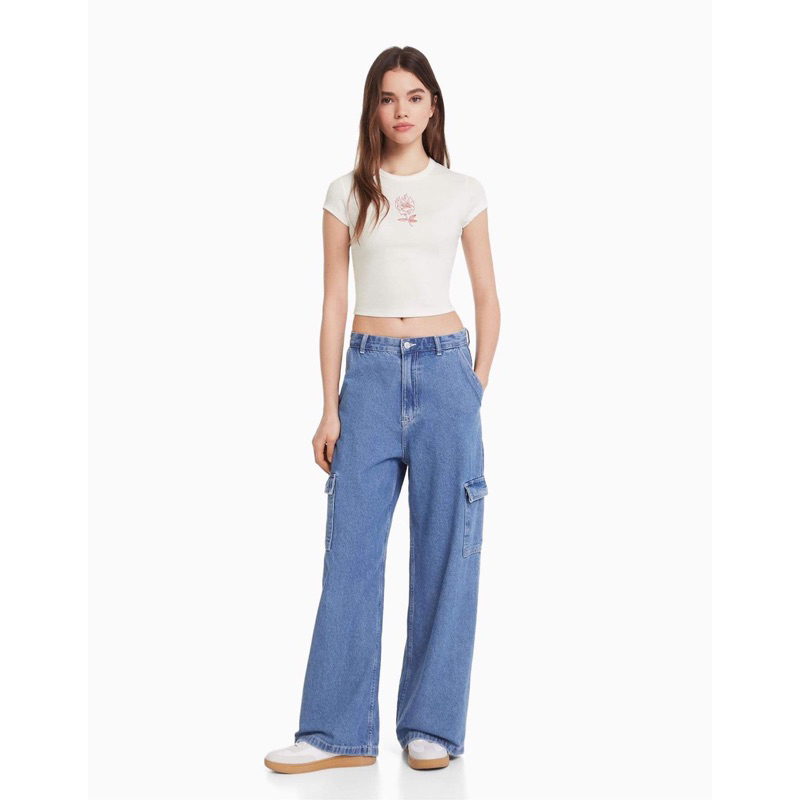 Áo croptop baby tee cổ tròn thun cotton len in bông hồng