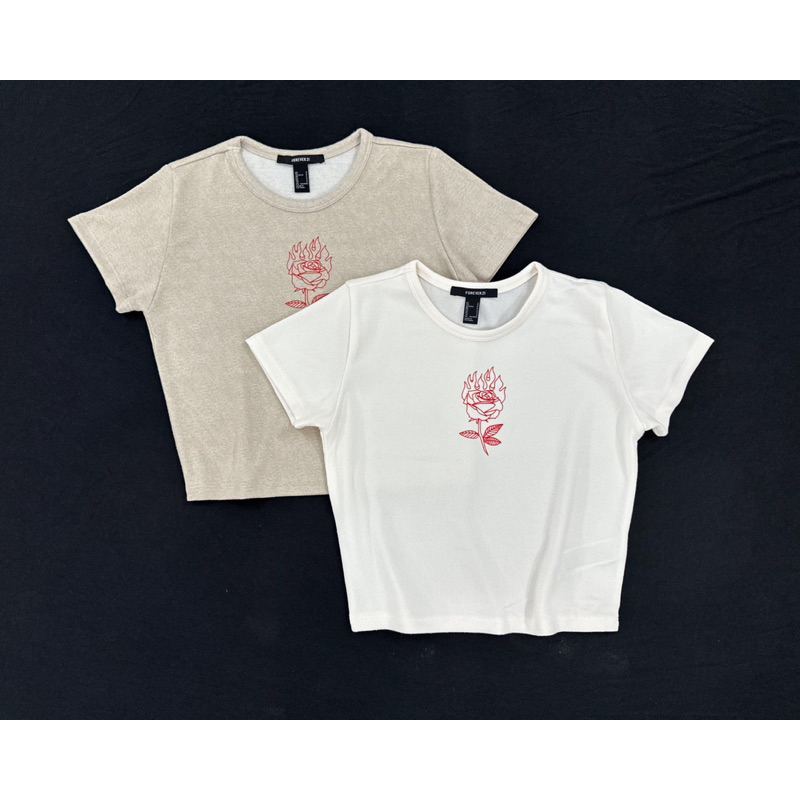 Áo croptop baby tee cổ tròn thun cotton len in bông hồng