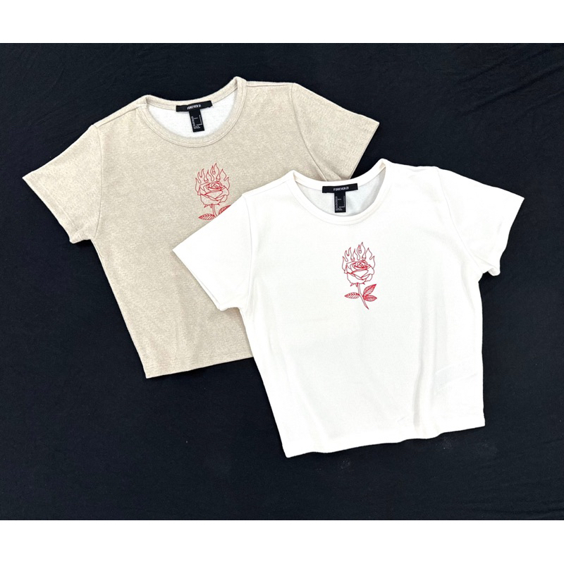 Áo croptop baby tee cổ tròn thun cotton len in bông hồng