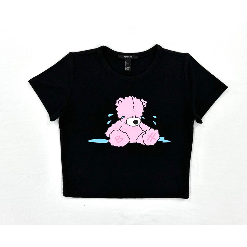Áo croptop baby tee cổ tròn thun len 4 chiều in gấu hồng