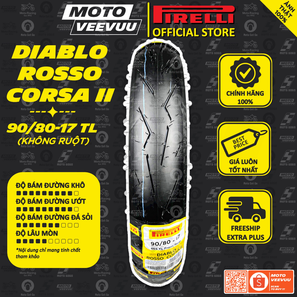 Vỏ lốp xe máy PIRELLI 90/80-17 TL Diablo Rosso Corsa 2 II (Lốp không ruột)